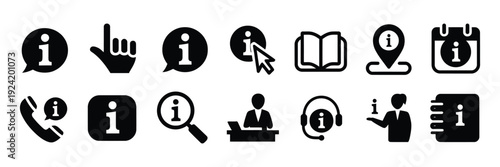 Info or information icon vector set, containing chat button, contact call, schedule date, place location, receptionist, guide book, manual help, support, and service, clean vector illustrations for 