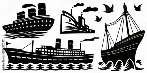 Vintage Ship and Ocean Liner Silhouette Vector Collection with Seagulls