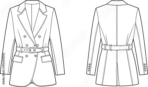 Technical of a double-breasted belted blazer front and back view jacket fashion technical flat garment