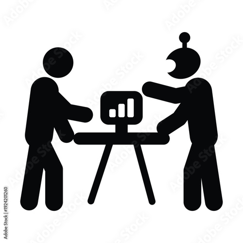 AI Data Analytics and Business Report Presentation Icon, Artificial intelligence robot presenting financial analytics and data growth chart to human representing