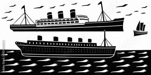 Vintage Ocean Liner and Steamship Silhouette Vector Set