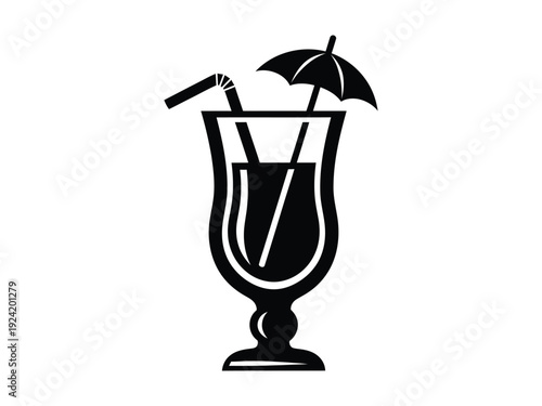 Stylized tropical cocktail in a tall glass with a straw and umbrella, presented as a black and white vector silhouette.