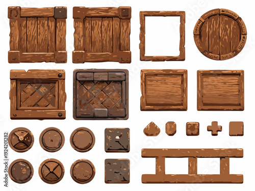 Assortment of wooden crates planks barrels and decorative elements on a white background