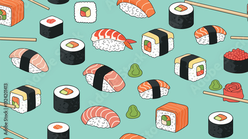 Seamless pattern of various sushi types like nigiri and maki with chopsticks and wasabi on a teal background.