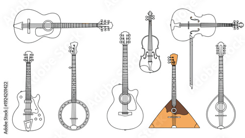Collection of various string musical instruments including guitars, a violin, a banjo, and a balalaika in line art.
