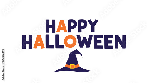 Happy Halloween text with a purple witch hat featuring an orange buckle on a clean white background.