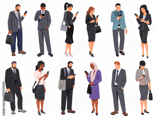 Diverse group of professionals using smartphones in a modern setting