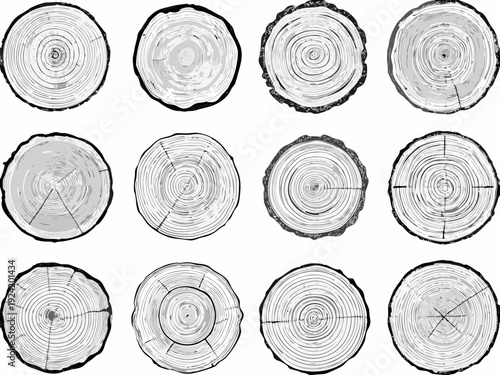 A collection of twelve tree cross sections displaying concentric rings and varying wood textures