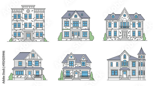 Set of six different house architecture styles featuring various facades, roofs, and garden landscaping details.