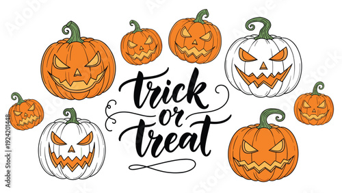 Collection of carved Halloween pumpkins with spooky faces surrounding the text Trick or Treat on white.