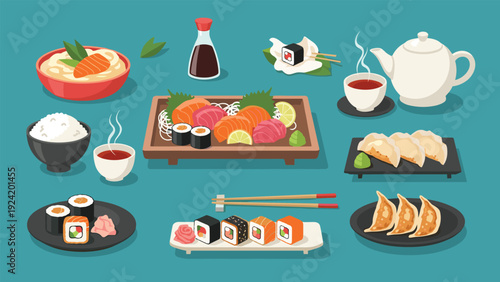 Collection of Japanese culinary items including sushi, sashimi, ramen, gyoza, soy sauce, and green tea set.