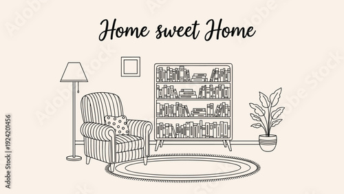 Cozy living room line art illustration featuring an armchair with a pillow, a tall lamp, and a full bookshelf.