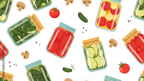 Seamless pattern of various glass jars containing pickled tomatoes, cucumbers, and garlic on a white background.