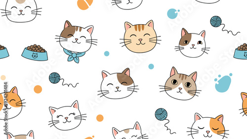 Seamless pattern of cute cartoon cat faces with balls of yarn and bowls of cat food on a white background.