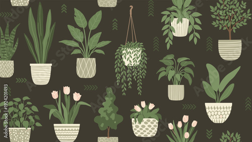Seamless pattern of different types of potted houseplants and indoor greenery on a dark brown background.
