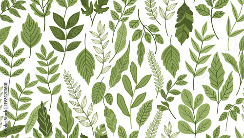 Lush seamless pattern featuring a dense variety of green leaves and botanical branches on a clean white background.