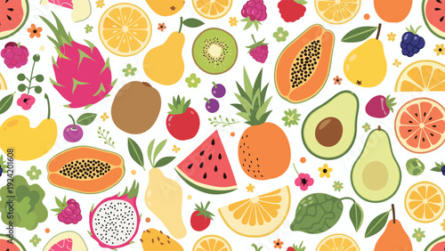 Colorful seamless pattern featuring a variety of tropical and summer fruits including dragon fruit, kiwi, papaya, avocado, watermelon, and berries.