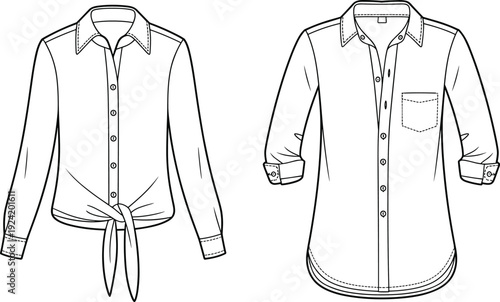 Two black and white fashion flat of women's long-sleeved shirts one tied at the waist and the other with rolled sleeves and a pocket