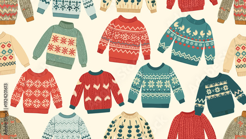 Seamless pattern showcasing various colorful knitted winter sweaters with different patterns and textures on a light cream background.
