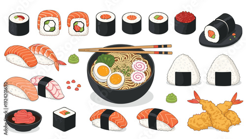 Comprehensive collection of japanese cuisine items including a bowl of ramen, various sushi rolls, onigiri, tempura, and wasabi.