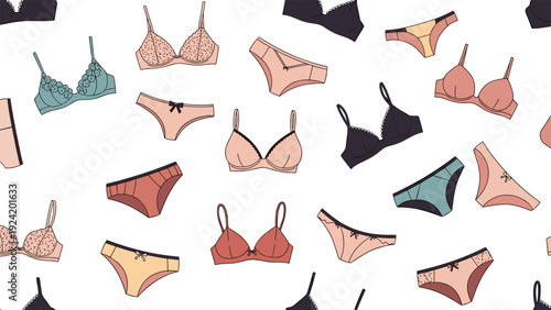 Elegant seamless pattern featuring various styles of women lingerie, bras, and panties in delicate lace and soft colors on white.