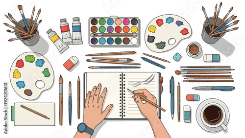 Overhead view of an artist workplace featuring a sketchbook, watercolor paints, brushes, pencils, palettes, and a cup of coffee.