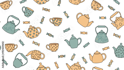 Charming seamless pattern with teapots, teacups, and wrapped candies in soft pastel colors on a clean white background.