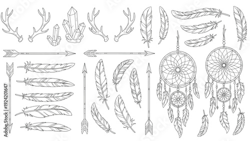 Detailed collection of boho tribal line icons including dreamcatchers, feathers, arrows, crystals, and deer antlers on a white background.