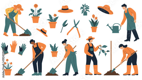 Illustration set of people gardening, planting, and digging, along with garden tools like shovels, shears, watering cans, and potted plants.