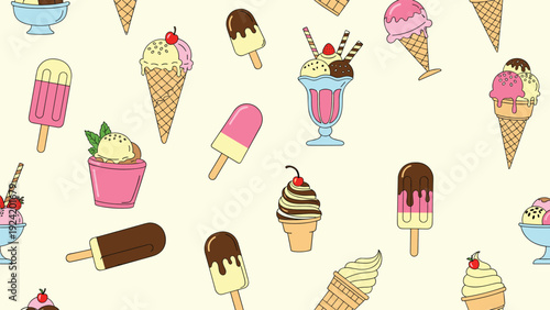 Delightful seamless pattern featuring various ice cream cones, popsicles, cups, and sundaes in pastel colors on a light yellow background.