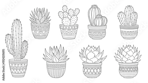 Collection of detailed cacti and succulent outline icons in decorative pots with geometric patterns on a white background.