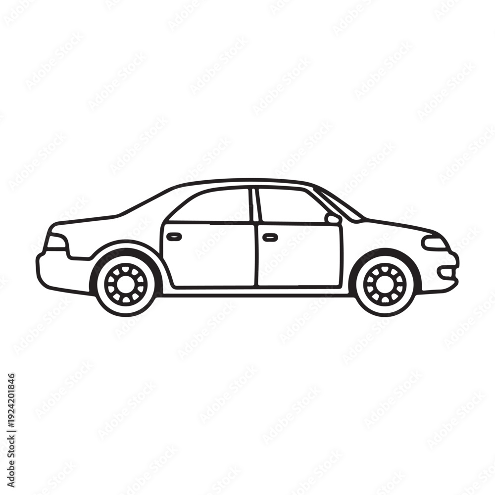 Fototapeta premium Simple line drawing of a car in profile view with four doors and wheels a basic vehicle illustration