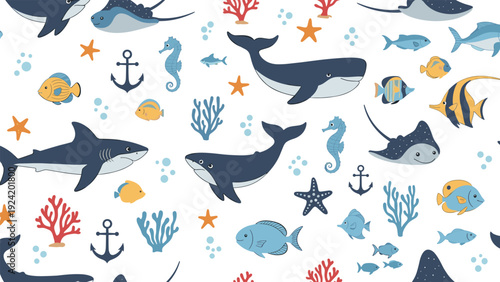 Seamless underwater pattern with whales sharks fish seahorses anchors and coral reefs on a white background for marine themes.