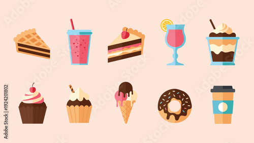 Delicious set of dessert icons including cake pie cupcake ice cream donut and milkshake in flat vector illustration.