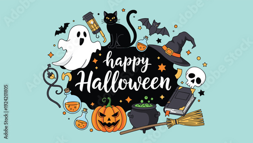 Creative happy halloween illustration featuring ghost black cat pumpkin witch hat and spooky accessories on a light blue background.