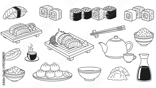 Comprehensive set of japanese cuisine line art icons featuring sushi rolls nigiri tea dumplings and soup for menu design.