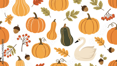 Charming autumn seamless pattern with pumpkins squash leaves acorns berries and a graceful white swan for fall harvest themes.