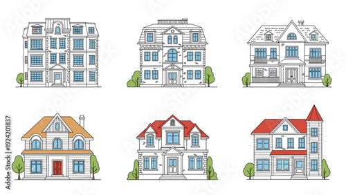 Collection of various beautiful residential house designs with different architectural styles gardens and trees in flat vector style.