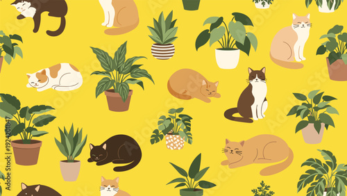 Adorable seamless pattern of various cats resting and playing among green houseplants on a bright yellow background.