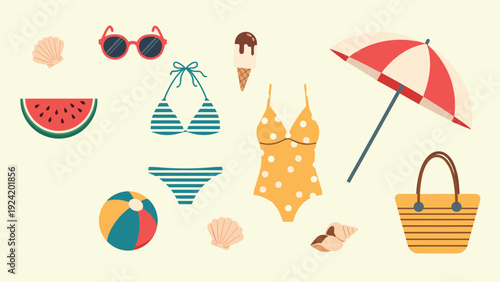 Colorful collection of summer beach items including swimsuits sunglasses umbrella watermelon and beach bag in flat style.