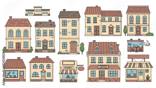 Detailed collection of town building illustrations including houses shops and a business office in a clean line art style.