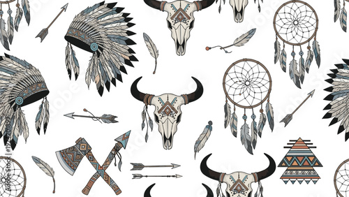 Seamless pattern featuring native american cultural symbols like headdresses skulls dreamcatchers arrows and axes on white background.