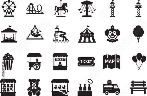 Amusement park line editable icon set with rides, tickets, funfair symbols, vector EPS pack