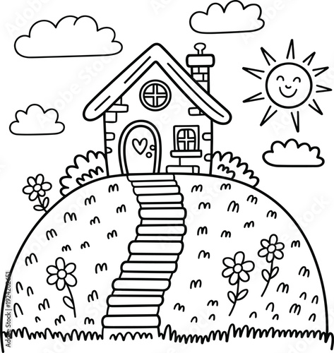 A charming cartoon line of a house on a hill with a path leading to the door under a smiling sun and fluffy clouds