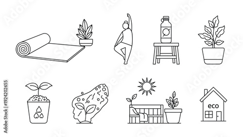 Wellness and Nature Collection: A curated set of line art illustrations, depicting various elements of health and environmental well-being, evoking a sense of balance and harmony.