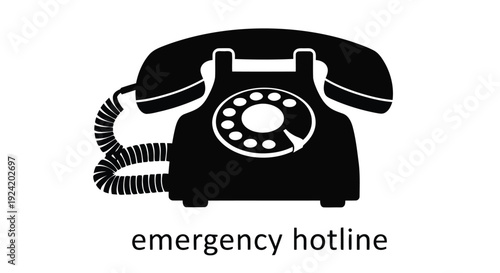 Black silhouette of a vintage telephone with text emergency hotline below