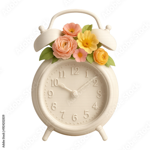 PNG Vintage clock with floral arrangement.