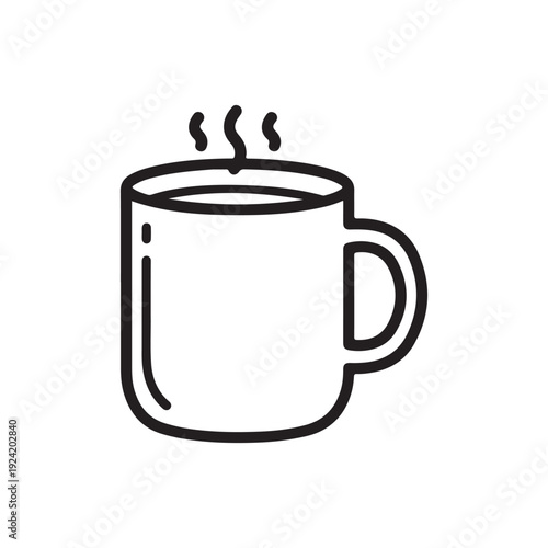 Simple line drawing of a steaming hot mug of coffee or tea with handle on the right side  a popular morning beverage