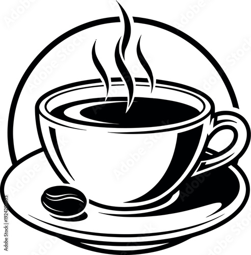 A steaming cup of coffee on a saucer with a coffee bean beside it