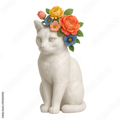 PNG Elegant cat sculpture with flowers.